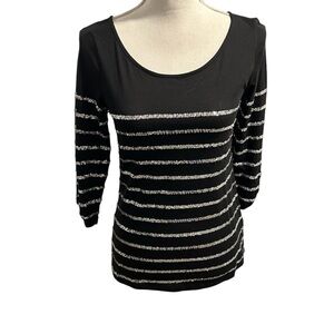 {Guess} Black & Silver 3/4 Sleeve Striped Women's Blouse